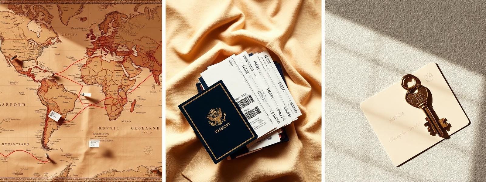 World map with travel routes, passports with boarding passes, and a brass hotel key